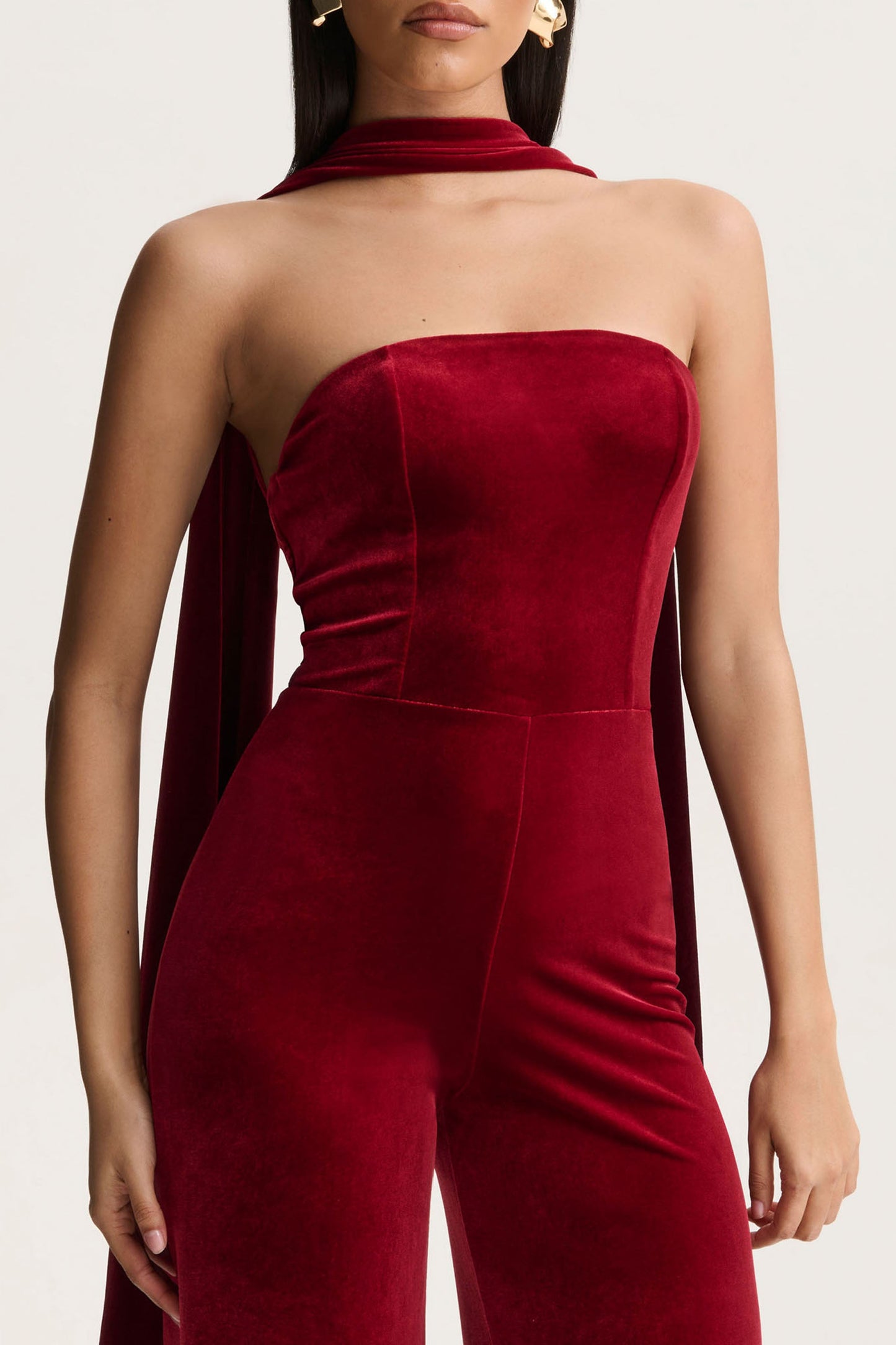 Burgundy Velvet Bandeau Jumpsuit With Scarf