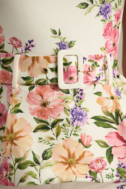 White Floral Border Print Square-Neck Tailored Top