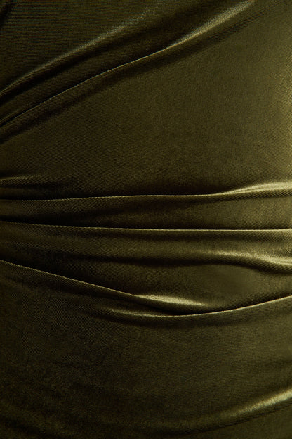 Olive Velvet High-Neck Midi Dress