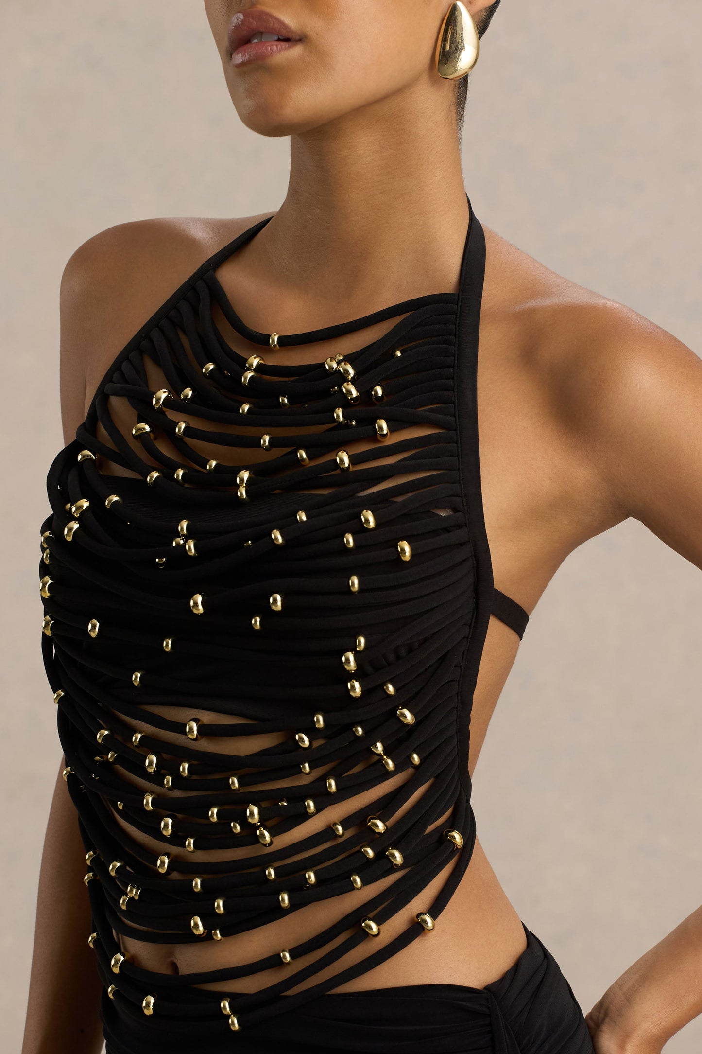 Black High-Neck Embellished Top With Cut-Outs