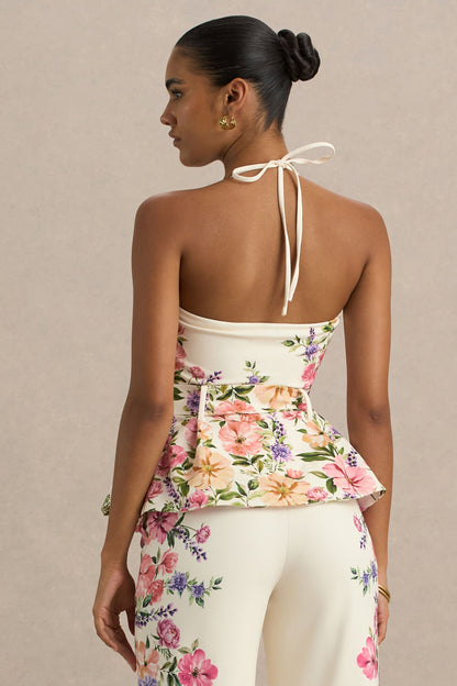 White Floral Border Print Square-Neck Tailored Top